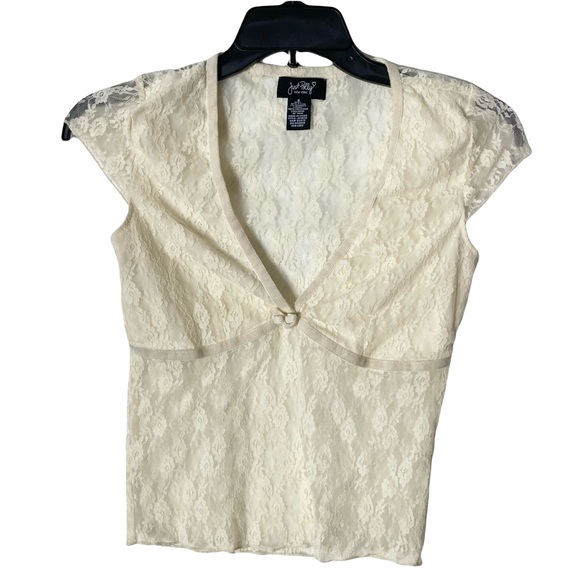 Nwot Just Polly New York Cream Short Sleeve Top Small Sheer Mesh Velour Trim - Picture 1 of 4